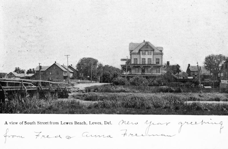 Before there was a canal, there was Lewes Creek. Note the bridge used to cross the creek in this 1906 photo. Hotel Rodney dominates the Lewes downtown.