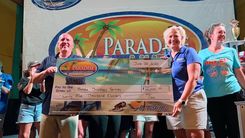Check presentation attendees shown are (l-r) Tom Protack, Beebe Medical Foundation president; Kay Young, Beebe Medical Foundation executive director of development; and Barbara “BA” Racine-Kerezsi, Paradise Grill event coordinator. SUBMITTED PHOTO