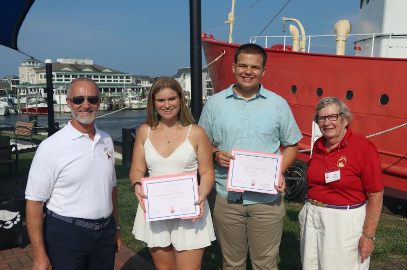 Shown are (l-r) Overfalls Foundation President Mike Safina, Cape Henlopen High School graduates Madison Windsor and Austin Futty, and Overfalls board member Sue Tolbert. BILL SHULL PHOTO