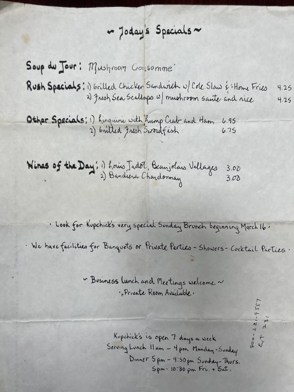 A typical list of specials at Kupchick’s from the 1980s.