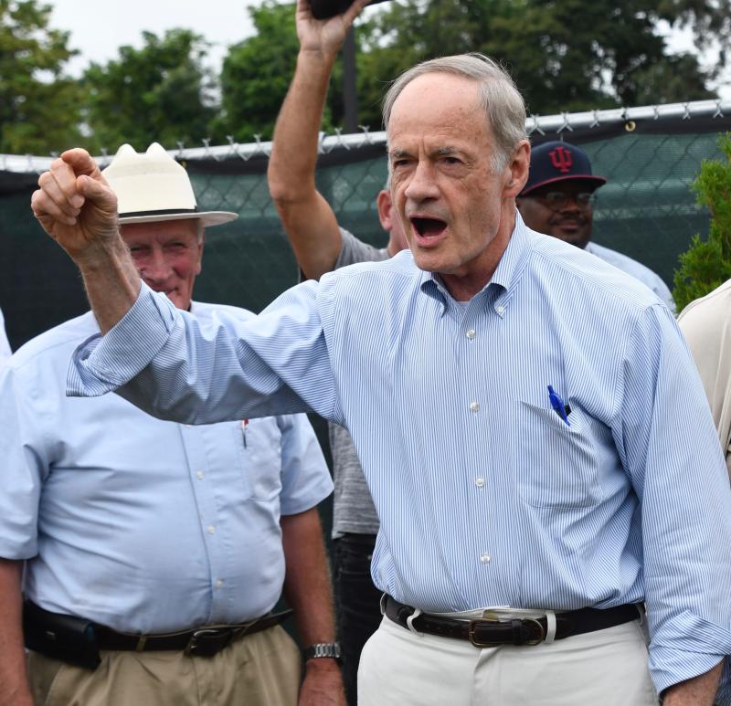 U.S. Sen. Tom Carper, who is famous for his countdowns, starts one to cut the ribbon at the Springboard Collaborative Pallet Village.