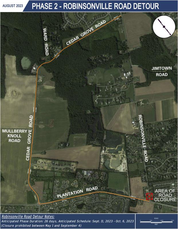 DelDOT has planned this detour because of the closure of the Plantation Road-Robinsonville Road intersection. DELDOT GRAPHIC