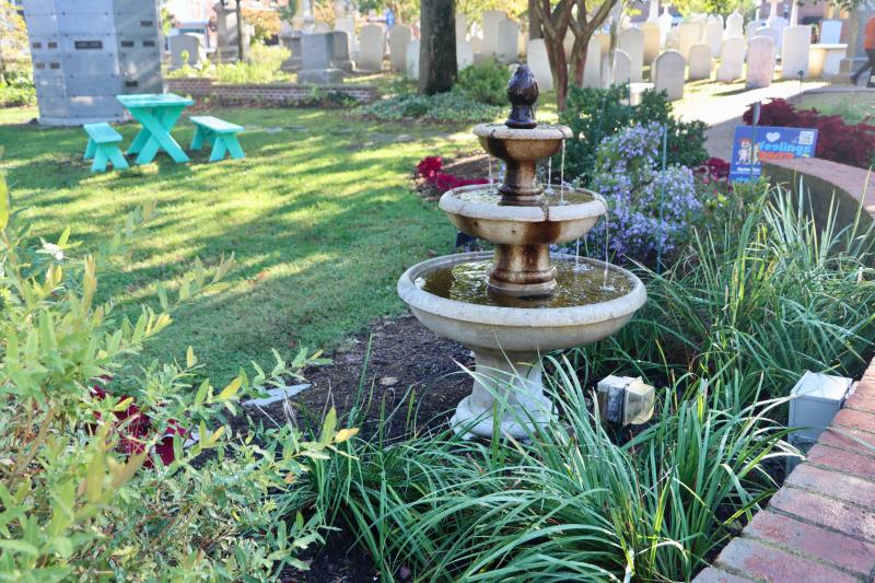 A fountain and garden was donated by a member of the parish whose son died. Waite said that parish members subsidizes Redheads and Begonias in the St. Peters garden.