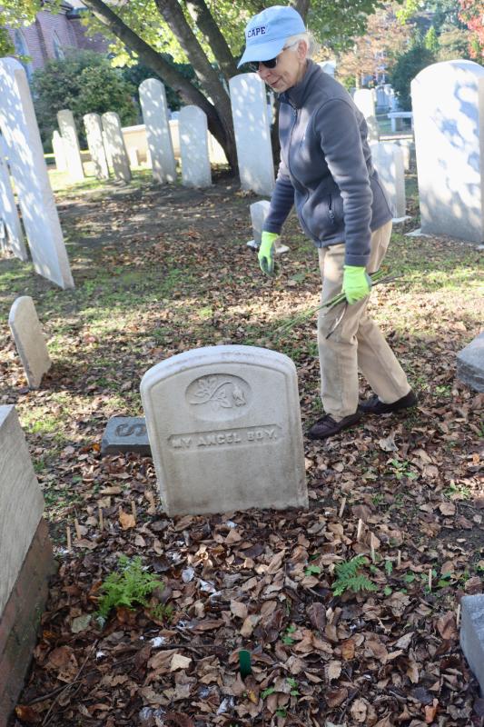 Karen Fischer inspects the plants among gravestones in St. Peter’s churchyard.