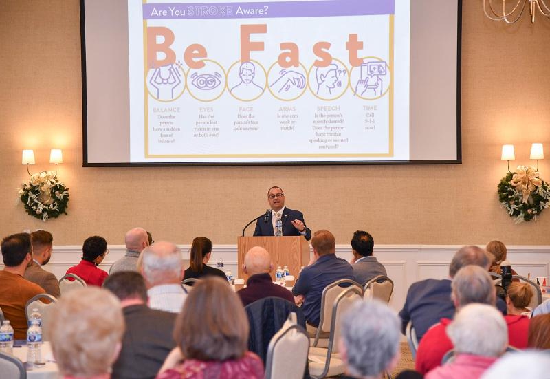 Dr. Paul Sierzenski, senior vice president and chief medical officer for Beebe Healthcare, speaks about the signs of a stroke to the attendees of the American Heart Association/American Stroke Association Stroke Summit at Hyatt Place in Dewey Beach. DAN COOK PHOTOS