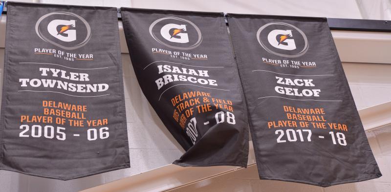 Gatorade Player of the Year banners hang at Cape. Shown are (l-r) Tyler Townsend, baseball; Isaiah Briscoe, track; and Zack Gelof, baseball.