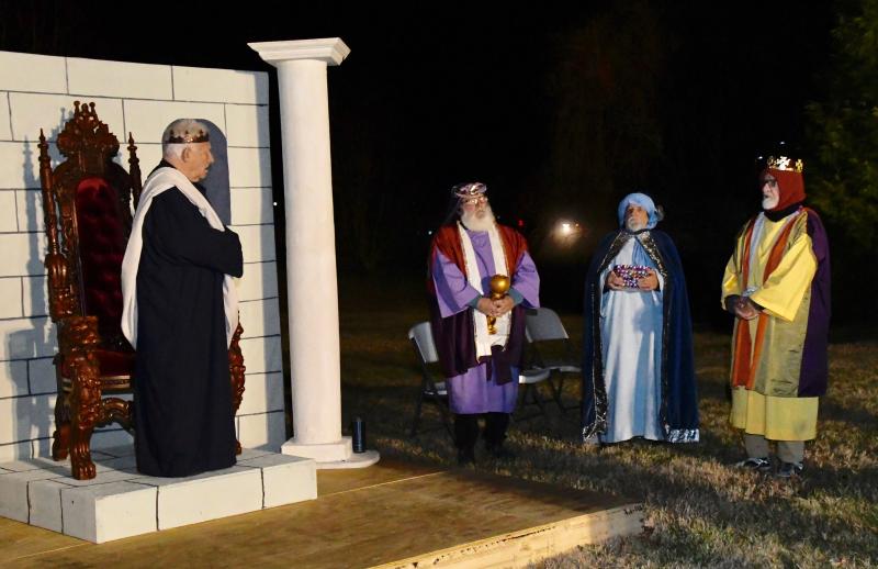 King Herod, portrayed by William Davenport, tells the three wise men (l-r) Terry Sibley, Craig Cannon and Glen Hall to travel to Bethlehem and report back to him on the birth of Jesus. In a dream, they are told he wants to kill the baby, so they don’t return to the king.