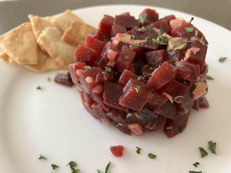Beetroot tartare is a combination of minced beets with shallot, capers and miso that makes a colorful, tasty appetizer. It’s a good example of the trend toward mainstreaming plant-based foods. JACK CLEMONS PHOTO