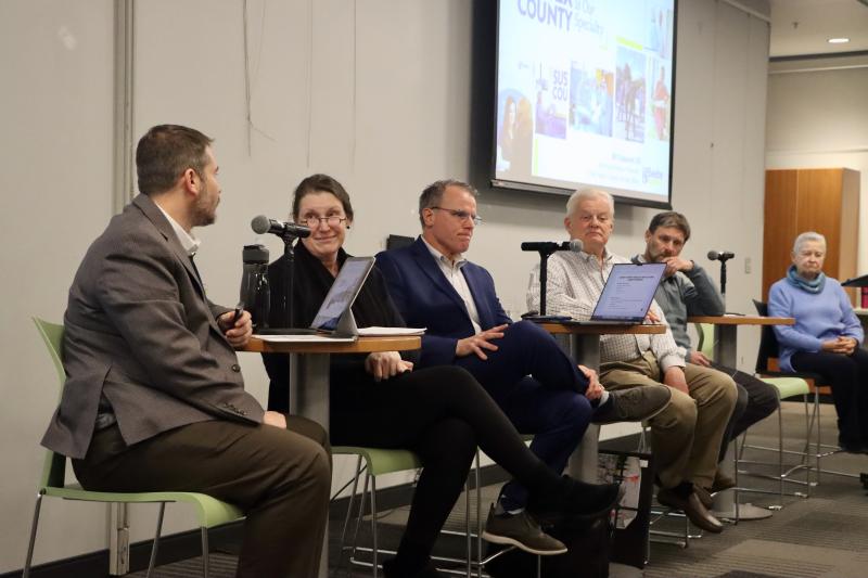 Lewes leaders talked about the lessons learned from the COVID-19 pandemic at a Lewes Public Library event Jan. 17. The panelists included (l-r) Dr. Bill Chasanov, vice president and chief public health officer at Beebe Healthcare; Jen Mason, founder of the Cape Community Coalition; Robert Fulton, superintendent of Cape Henlopen School District; former Mayor Ted Becker, representing the Lewes Chamber of Commerce; Lewes Mayor Andrew Williams; and former Ambassador Nancy Powell as moderator. BILL SHULL PHOTOS