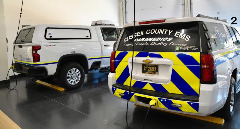 Paramedics units stand at the ready at the new Sussex County Emergency Operations Complex near Georgetown.