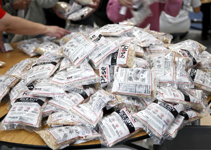 An estimated 76,000 meals packs – each with rice, textured soy flour, dehydrated vegetables and vitamin packs – were prepared, weighed, sorted, boxed and shipped.
