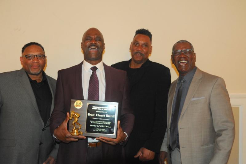 Cape athletes from late ’70s attended Bruce Barrett’s induction into the Delaware Afro American Sports Hall of Fame. Shown are (l-r) Tim Timmons, Bruce Barrett, Charlie Ball and Jay Maull. DAVE FREDERICK PHOTO