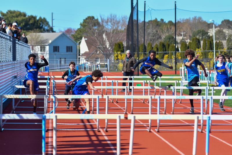 An assortment of forms in the boys’ 55-meter hurdles.