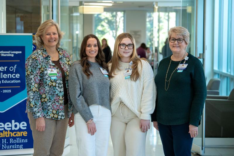 On hand for the scholarship presentation are (l-r) Kay Young, Beebe Medical Foundation executive director of development; recipients Emily Rudis and Chloe Sylvester; and Tracy Bell, Margaret H. Rollins School of Nursing program coordinator. SUBMITTED PHOTO