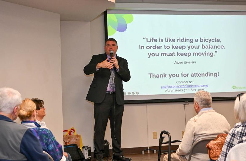 Dr. Justin P. Martello, a board-certified neurologist specializing in movement disorders and Parkinson’s disease at ChristianaCare Health System, speaks at the Parkinson’s Education and Wellness Expo. DAN COOK PHOTOS
