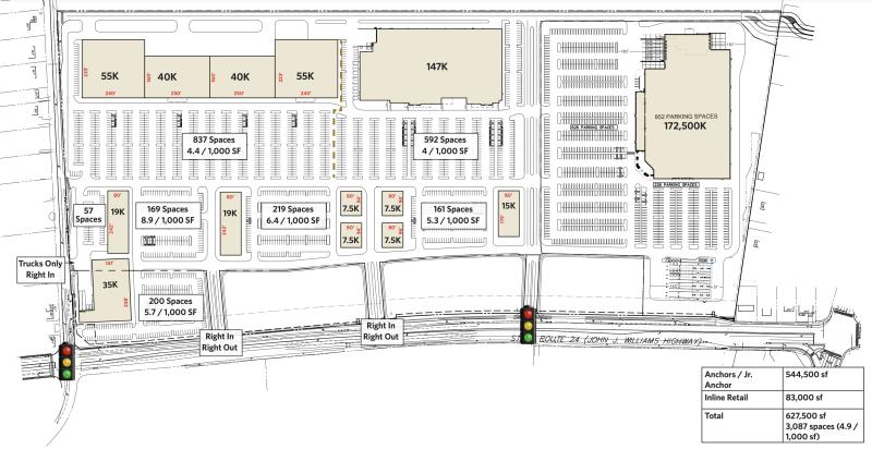 A conceptual plan for Atlantic Fields includes 627,500 square feet of retail space on a 73.5-acre parcel along Route 24 and Mulberry Knoll Road near Lewes. BOHLER ENGINEERING GRAPHIC