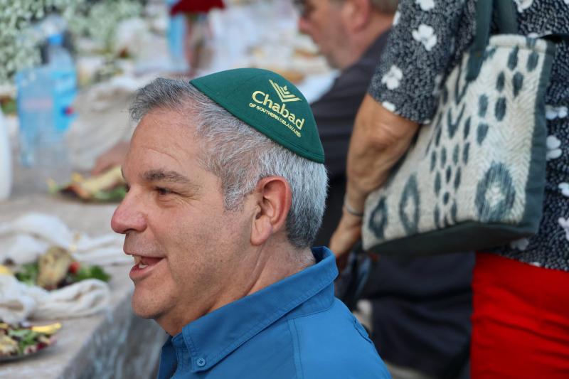 Gerry Kaplan wears a yarmulka representing Chabad of Southern Delaware.