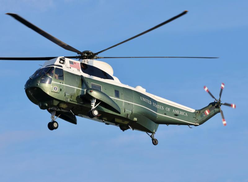 A Marine Corps VH-3D arriving at Gordons Pond on Aug. 12 to pick up President and Mrs. Biden and take them back to the White House.