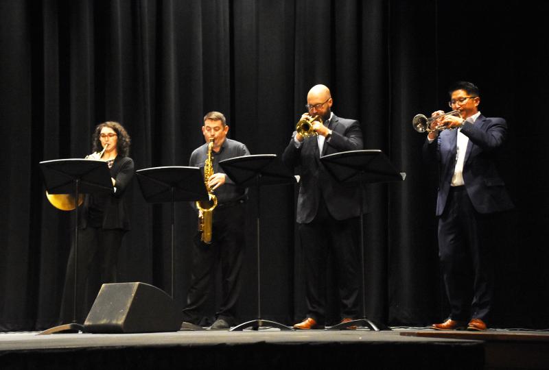 The horn players give their all during "Boogie Woogie Bugle Boy." Shown are (l-r) Mirella Gable, Nick Greeson, Chris Burkhart and Brian Mahoney.