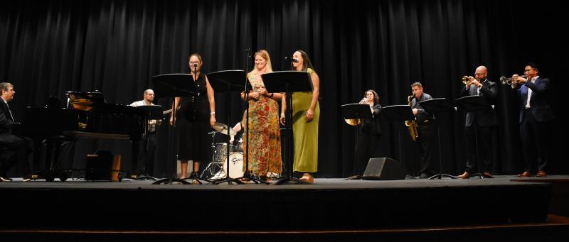 A group of the Cape faculty members perform "Boogie Woogie Bugle Boy." Shown are (l-r) David Libby, Rob Barbarita, Kait Colegrove, Juleean Schlitter, Marian Sunnergren, Mirella Gable, Nick Greeson, Chris Burkhart and Brian Mahoney. In the back on percussion is Elly Rolfes.