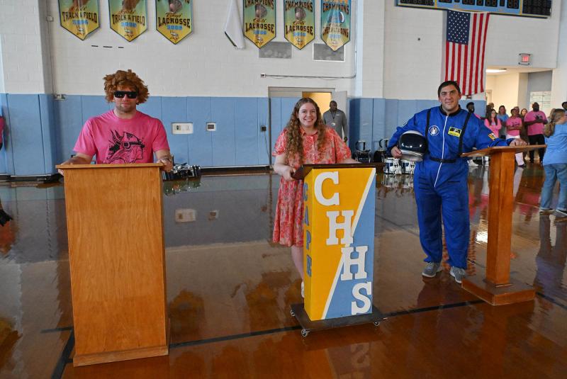 Teachers (l-r) Shane Jensen, Sadie Andros and Alex Hense are ready to play play “Jeopardy Showdown”.
