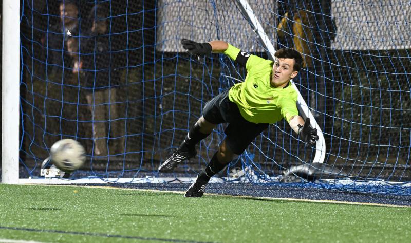 Cape keeper Jake Hutchison makes a play for the Seahawks’ penalty kick that goes just wide.