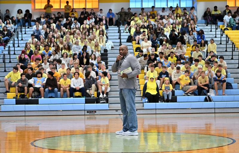 Cape Assistant Principal Timothy Slade acts as emcee for the pep rally.
