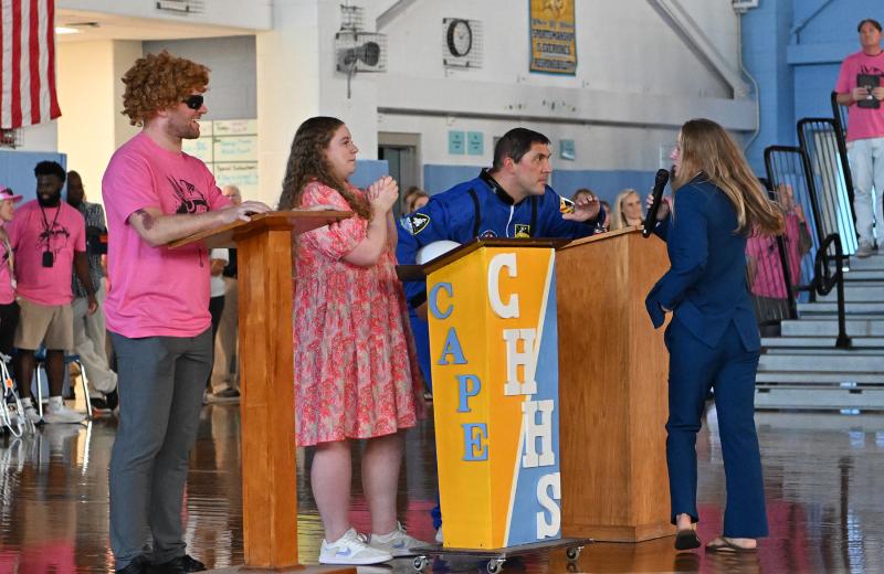 Teachers Shane Jensen, Sadie Andros and Alex Hense are the contestants for the “Jeopardy Showdown” with Senior Class President Addison Bowman as the emcee.