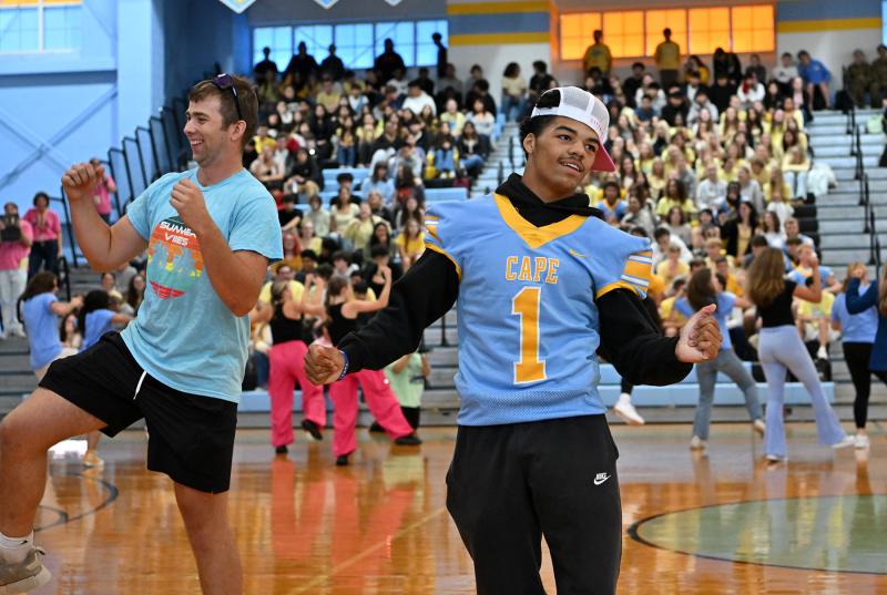 Austin Morrison, left, and Jayden Messick get down during the senior skit.
