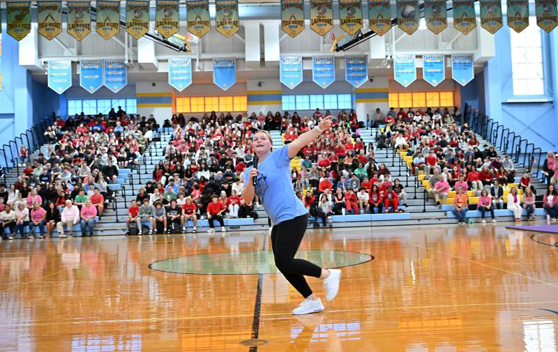 Senior Alivia Heers gets the sophomores cheering during the pep rally.