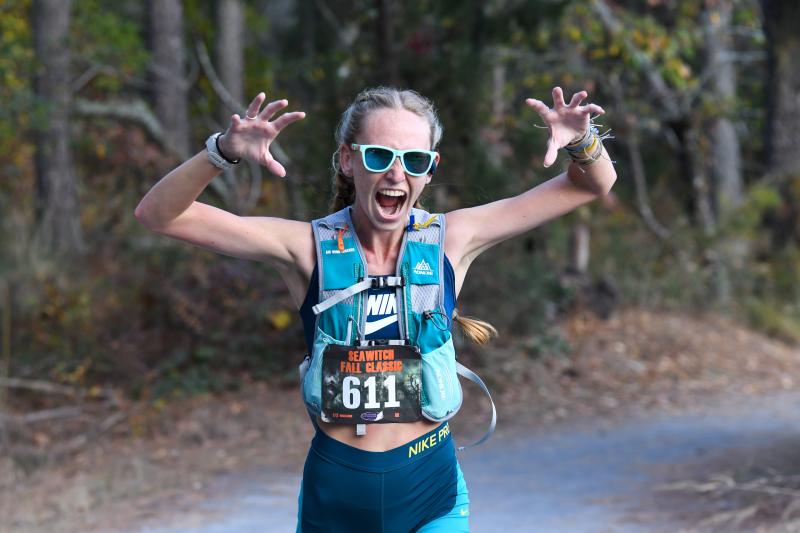 Lauren Pollock goes beast mode to win the women’s race at the Sea Witch Half Marathon. DAVE FREDERICK PHOTOS