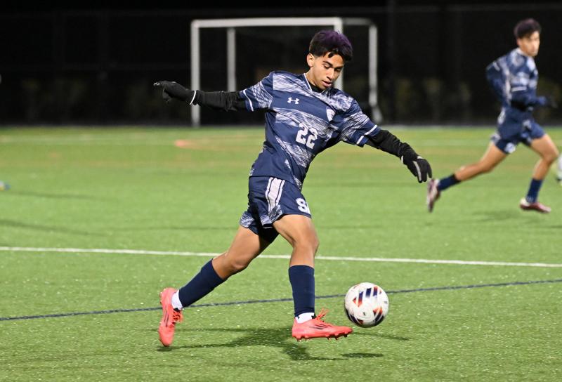 Sussex Academy sophomore Brandon Jaimes moves the ball into the Spartan defensive zone.
