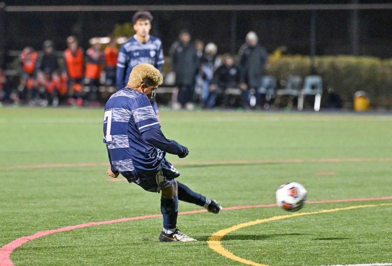 Sussex Academy senior Andres Romero-Nieto blasts a direct kick past the Saint Mark’s keeper to score the winning goal in overtime. DAN COOK PHOTOS