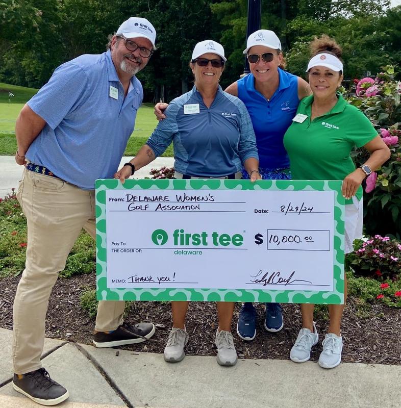 Some Cape Region fundraisers are not tied to a particular event. The money comes from donations gathered during a league or other tournament series, such as this $10,000 donation to First Tee of Delaware by the Delaware Women’s Golf Association. Shown are (l-r) First Tee staffer Scott Allen; First Tee coach Becky Dengler, LPGA/PGA; DWGA President Lesley Corydon; and First Tee staffer Charma Bell.