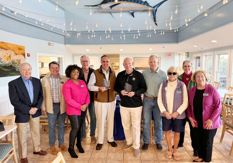 Gathered for the Children’s Beach House President’s Award presentation are (l-) Pres Lee, Tom Sheridan, Stacy Shamburger, Tom McDonald, honorees Ernie Lopez and Pete Schwartzkopf, Mike Hogan, Connie Miller, Ellison Carey and Mary Culley. SUBMITTED PHOTO