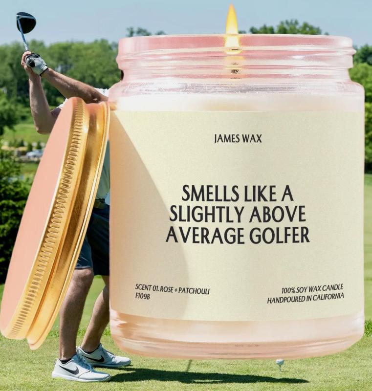 This golf candle blends patchouli oil and rose scents, ostensibly to match the scent of a decent golfer. Seems a bit much.