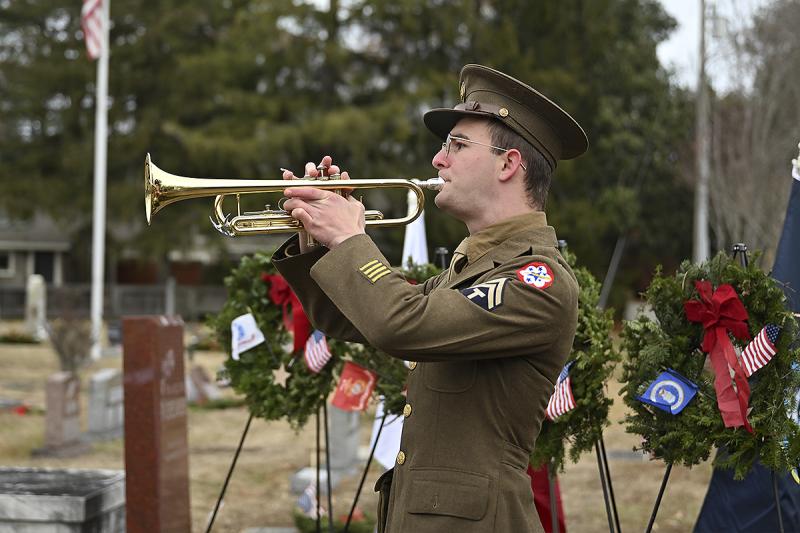 Mason Fyock, 17, a student of Cape Henlopen High School, wears the uniform of his great-grandfather, “Pappy” Fyock, who was a technical corporal in the Western Pacific Alliance. TED PFIRRMANN PHOTOS