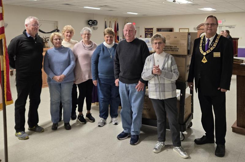 Gathered for the donation delivery are (l-r) Mike Agnew, Code Purple at the Cape site director; Elks Pat Barnes, Georgia Foard and Karen Neelans; Code Purple replenishment team leaders Carol Ann Hurley and Jim Hurley; Elks Community Outreach Chair Barbara Gilsenan; and Elks Exalted Ruler Buddy Hall-McBride. SUBMITTED PHOTO