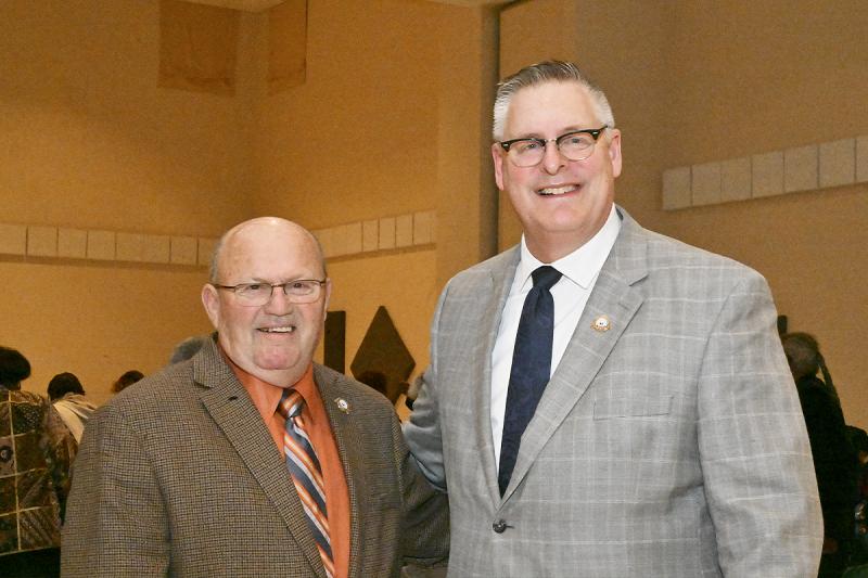 Pausing for a photo are Georgetown Mayor Bill West, left, and Town Manager Gene Dvornick.