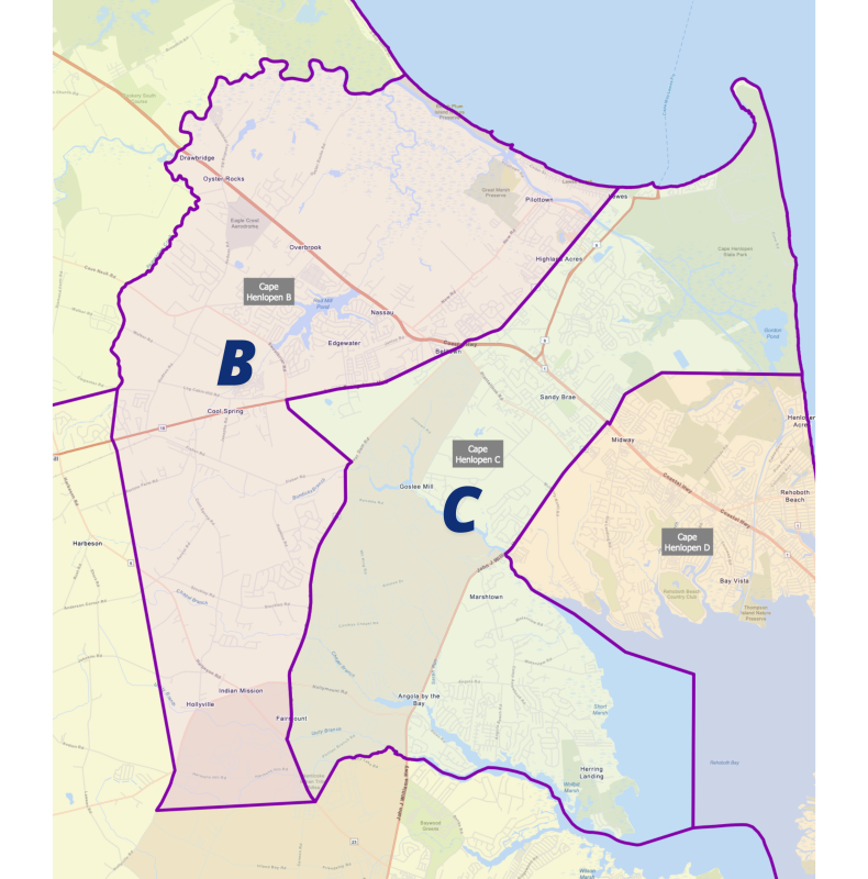 An enlarged image showing the portion of Cape Henlopen School District that makes up sub-districts B and C, which are the districts holding elections in May. There will also be an election for an at-large seat. SOURCE: STATE OF DELAWARE DEPARTMENT OF ELECTIONS