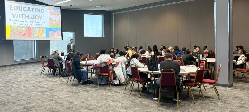 Speaking to Delaware State University students in the education department, Beacon Middle School Assistant Principal Dontez Collins encouraged the future teachers to find joy and create joy in the classroom every day. SUBMITTED PHOTO