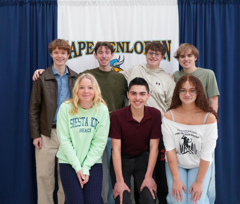 Some of the Cape High Science Olympiad team members met March 13, to talk about their performance at the state competition. Shown in back are (l-r) Aaron Tikiob, Joshua Cohen, Ben Gaito and Quinton Eisenmann. In front are Ellie Sprague, Edgardo Sabilon and Gianna Brown. ELLEN MCINTYRE PHOTO