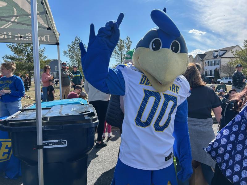 YoUDee, mascot for the University of Delaware Fighting Blue Hens, declares Delaware as No. 1.