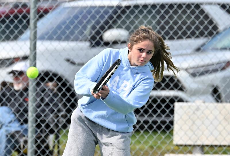 Cape third-singles player Julia DiSabatino hits a backhand drive.