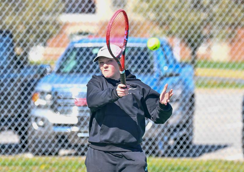 Cape first singles Abby Hazzard smacks a forehand drive in her win over Sussex Academy’s Karina Lopez.