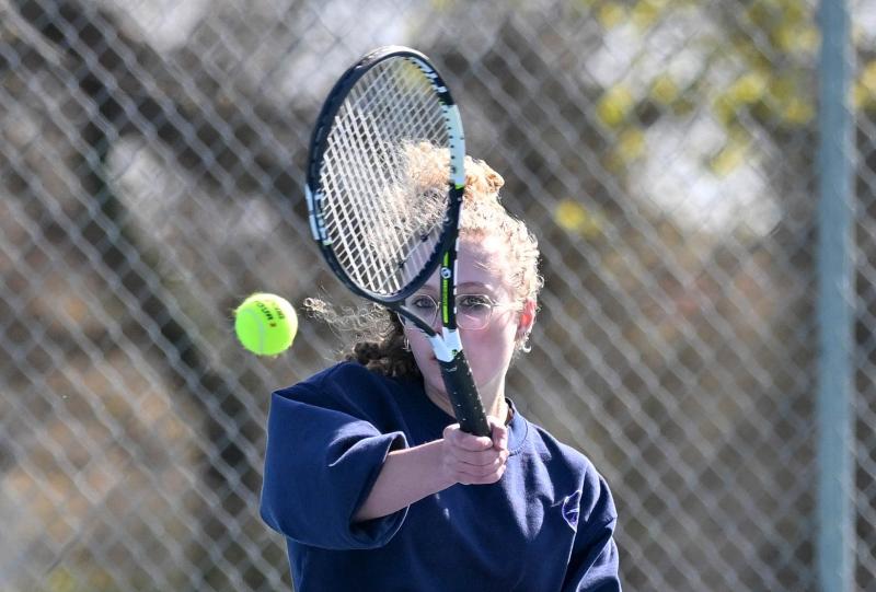 Sussex Academy first doubles player Natalia Gatti keeps her eye on the ball in the Seahawks’ 0-5 loss to Cape in girls’ tennis. DAN COOK PHOTOS