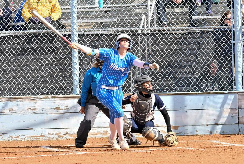 Cape senior Hayden Hudson slams a two-run homer in the bottom of the first inning of the 7-0 win over Sussex Academy. DAN COOK PHOTOS