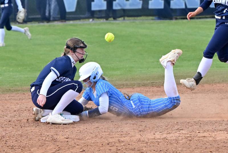 Cape senior Ava Calciano slides safely into second for her 50th stolen base.