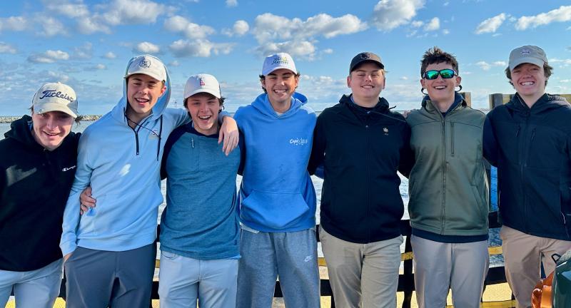 The Cape golf team rode the Cape May-Lewes Ferry April 16 to play the Cape-to-Cape Series golf match against Lower Cape May Regional at Cape May National. The Vikings won 165-181. Shown are (l-r)
Jacob Gabbard, Jack Tunnell, Joe Skelly (alternate), Eddie Ghabour, Ryan McNett, Dalen Daminger and Tyler Healy, who won medalist honors with his two-over 38. TANYA HUMES PHOTO