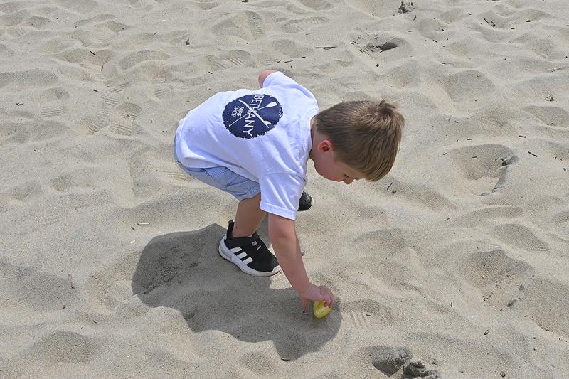 Trip Aktkinson, age 2, is hard at work hunting for eggs.